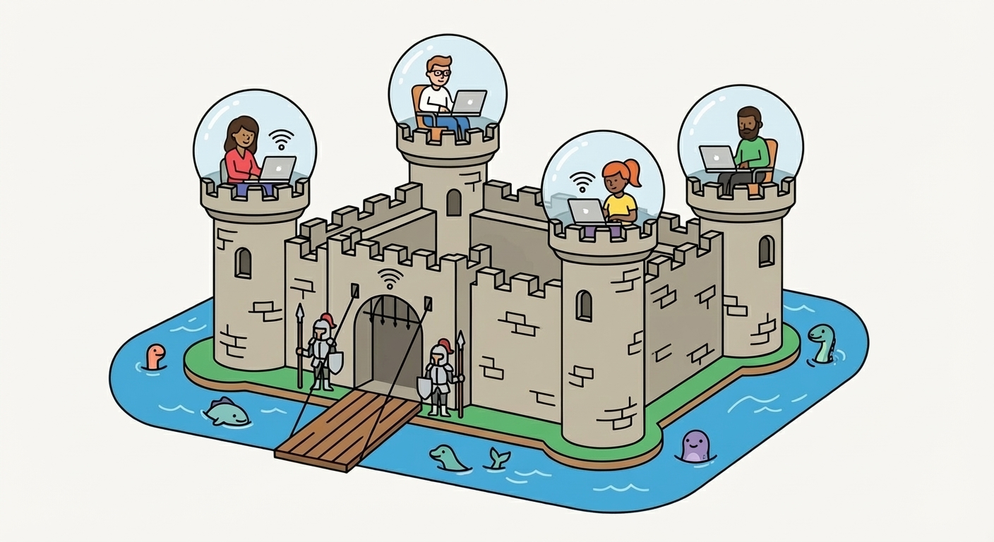 Illustration of freelancers working safely inside a castle with a
protective moat - representing WorkMoat's mission to protect
freelancers